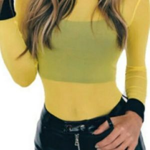 Yellow & black mesh long-sleeved turtleneck